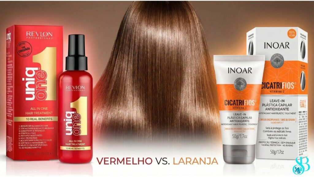  O famoso frasco vermelho do Uniq One ao lado do frasco laranja/branco do Cicatrifios. No fundo, um cabelo escovado e brilhante. Foco no duelo "Vermelho vs. Laranja".