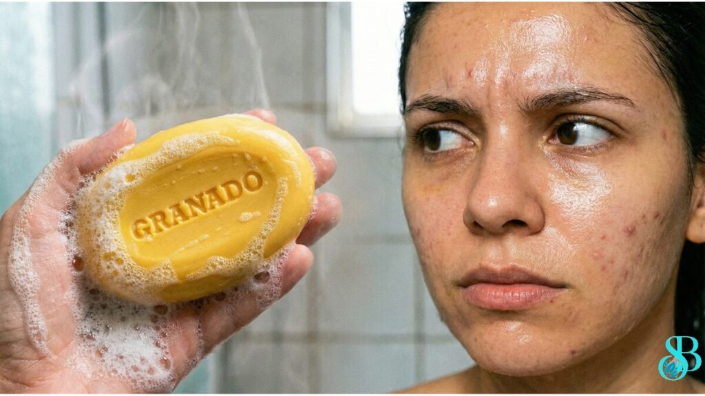 Uma barra de sabonete amarela (enxofre) com espuma, e ao lado um rosto com pele oleosa. A imagem deve passar a ideia de "limpeza potente" mas com um sinal de alerta.
