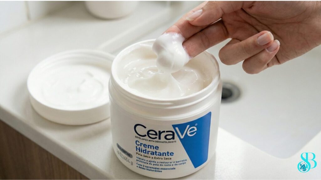 O famoso "potezão" branco e azul da CeraVe (Creme Hidratante) aberto, mostrando a textura densa do creme. Uma mão pegando um pouco do produto.