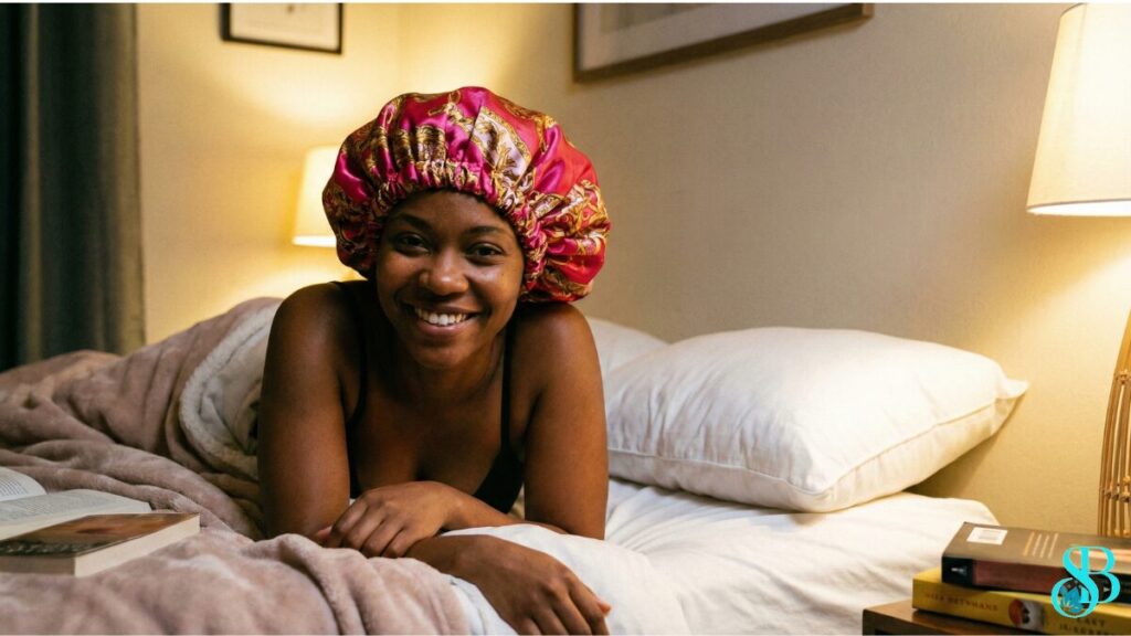 Uma mulher pronta para dormir, vestindo uma touca de cetim colorida (rosa ou dourada), sorrindo. Ao lado, um travesseiro de algodão comum.