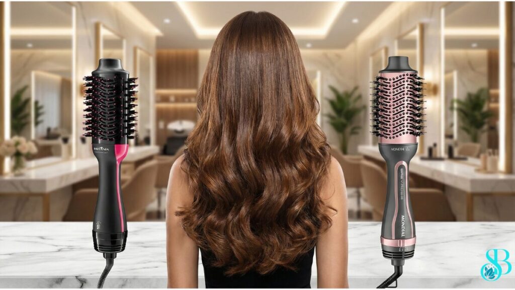 Uma foto dividida. De um lado, a escova secadora verde (Britânia). Do outro, a rosa/dourada (Mondial). No centro, um cabelo escovado com movimento e volume.