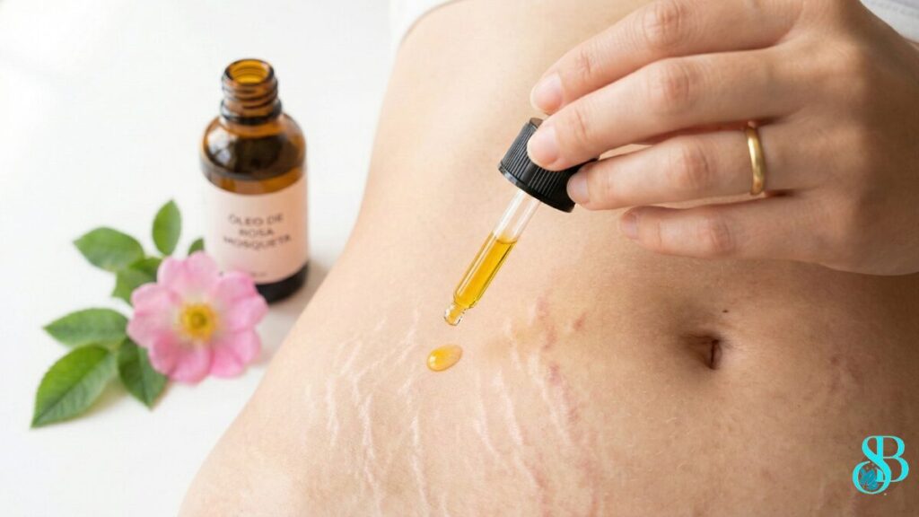 Um frasco de vidro âmbar com óleo dourado (Rosa Mosqueta) e uma flor rosa ao lado. Fundo clean. Pode ter uma mão aplicando uma gota sobre uma cicatriz ou mancha (simulada).