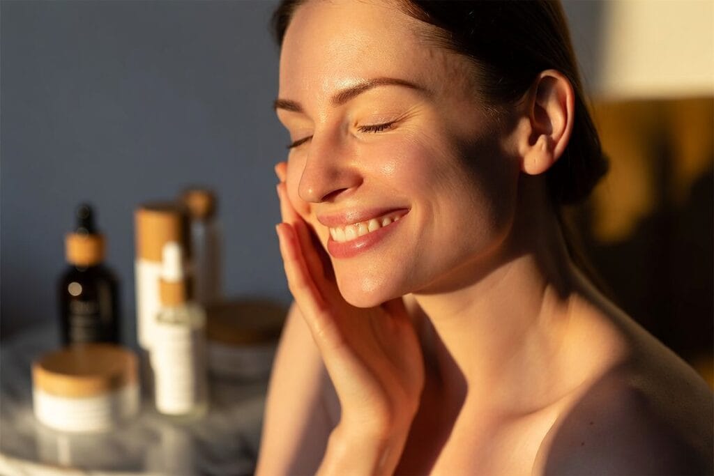 Mulher passando creme facial na bochecha, sorrindo. Clima de aconchego e tranquilidade, bem estar.