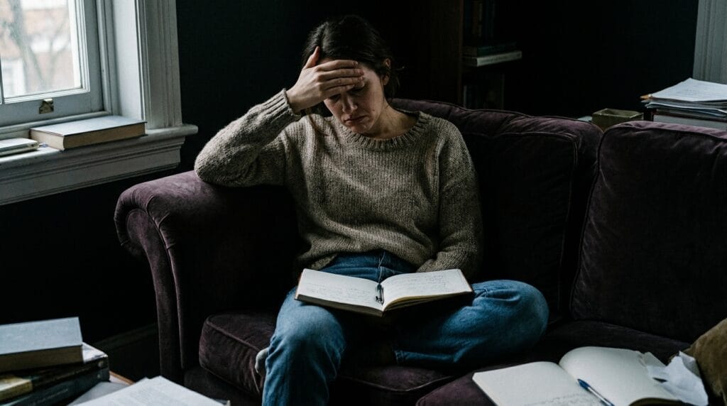Mulher frustrada e pensativa, lidando com o sentimento de autossabotagem e bloqueio emocional.)