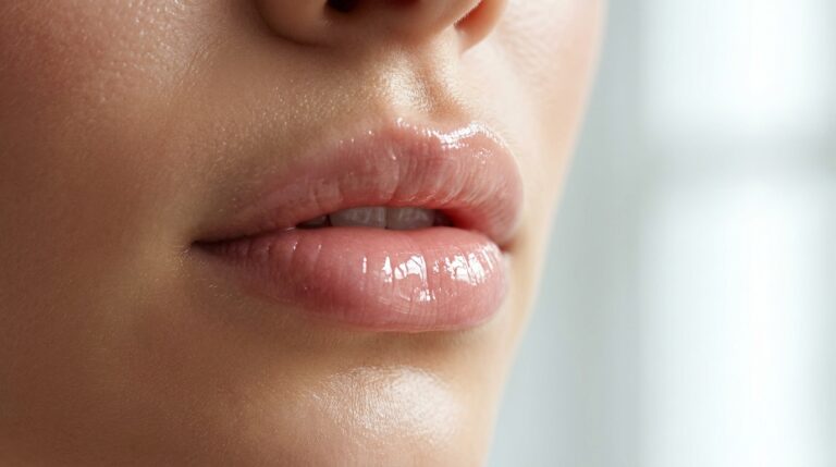 Lábios femininos com acabamento super hidratado e volumoso, demonstrando o resultado de uma rotina de lip care sem procedimentos.