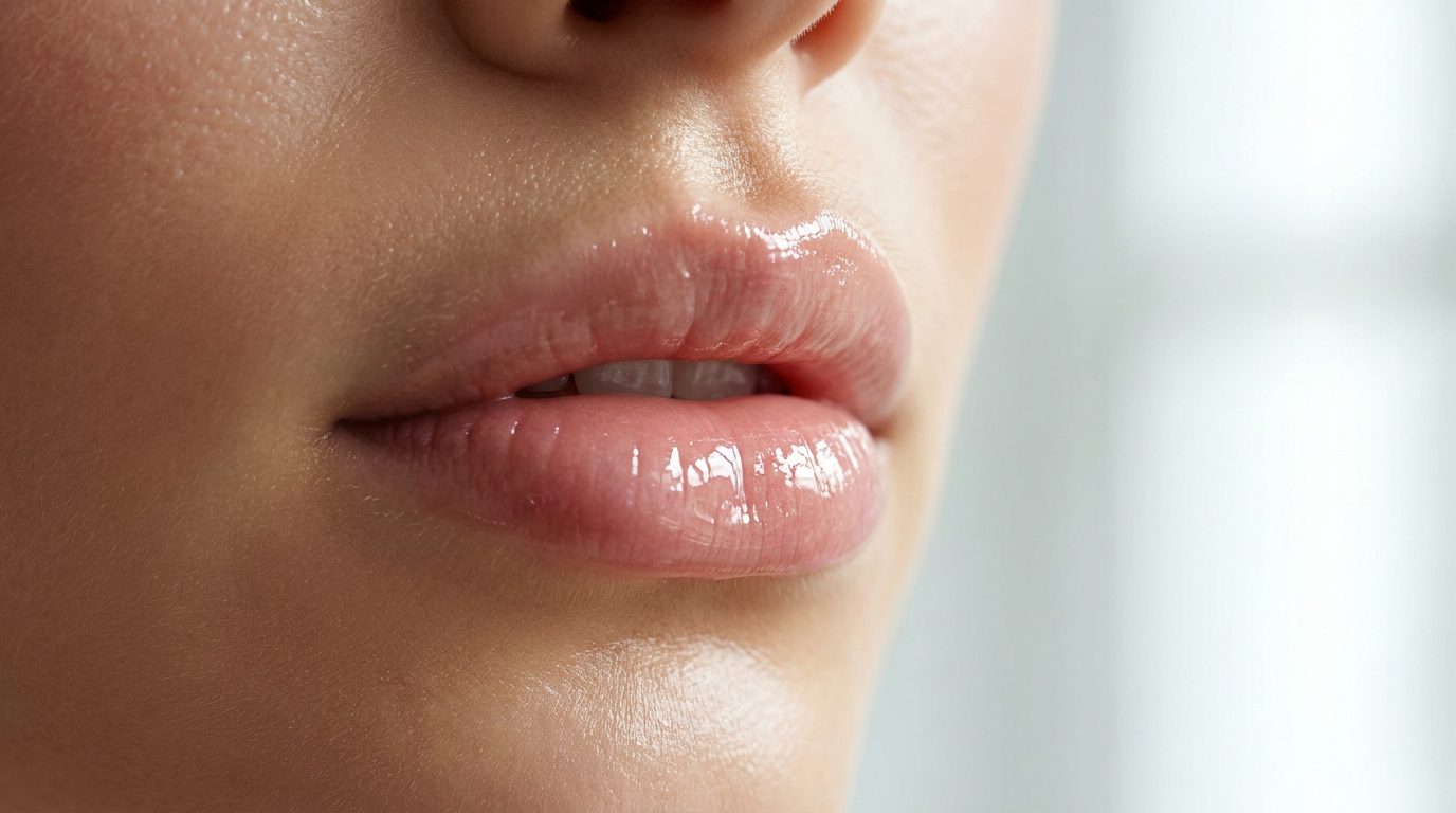 Lábios femininos com acabamento super hidratado e volumoso, demonstrando o resultado de uma rotina de lip care sem procedimentos.