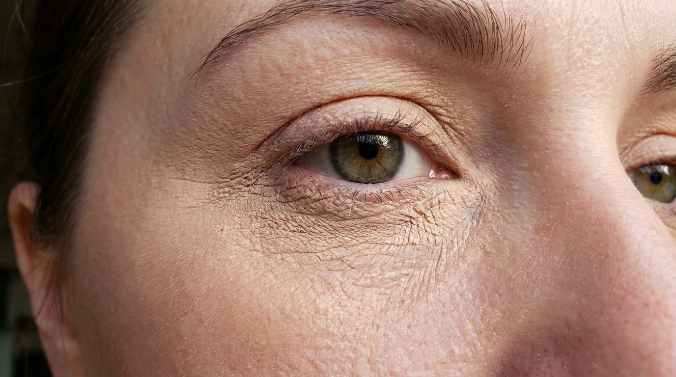 Corretivo acumulado e craquelado nas linhas de expressão abaixo dos olhos devido a erros na aplicação.
