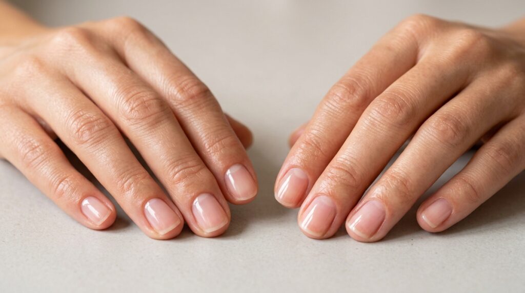 Mãos femininas elegantes repousadas sobre uma bancada com unhas naturais curtas e muito saudáveis usando base fortalecedora transparente.
Respire Fundo: As Suas Unhas Vão Voltar (E Vai Ficar Tudo Bem)