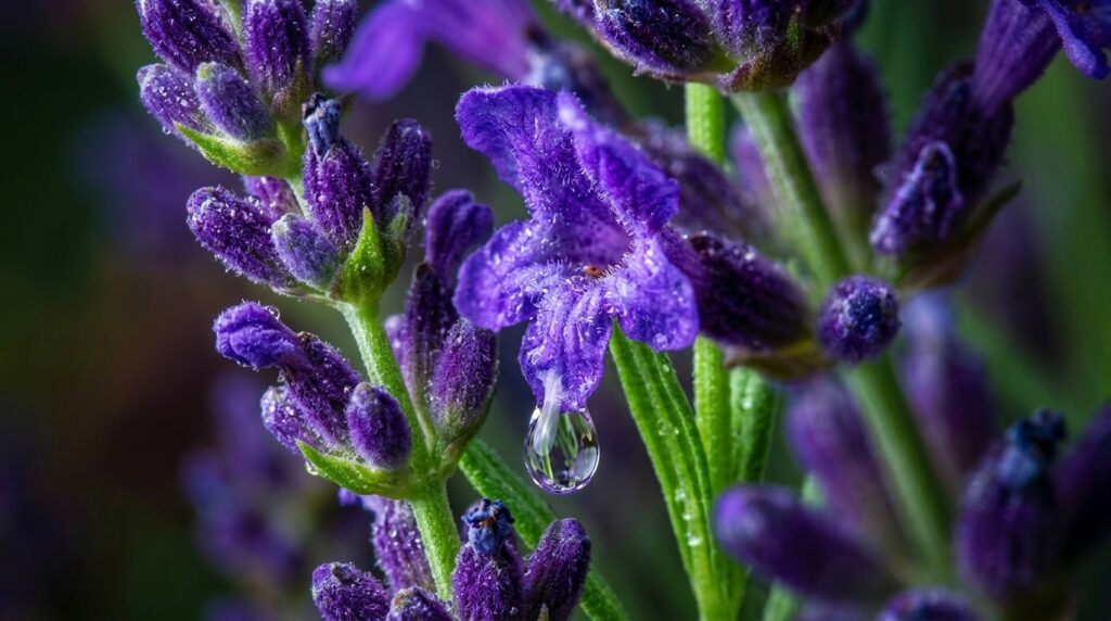 Fotografia macro de uma flor de lavanda com uma gota de óleo essencial, simbolizando o alívio natural da ansiedade.