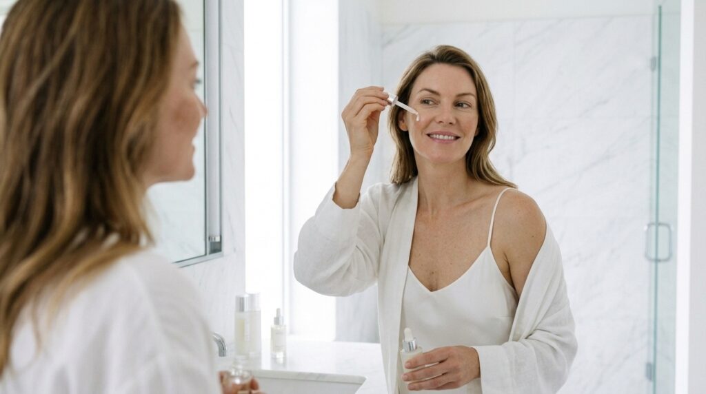 Mulher sorrindo com a pele radiante e uniforme enquanto aplica um sérum de tratamento clareador no rosto.