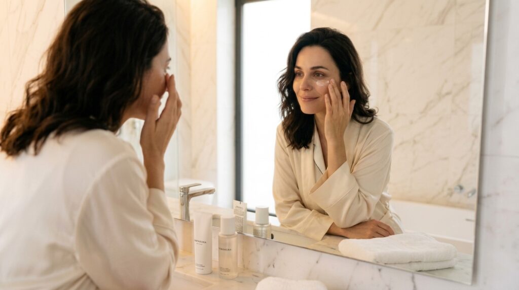 Mulher sorrindo com olhar descansado e iluminado aplicando creme para área dos olhos.