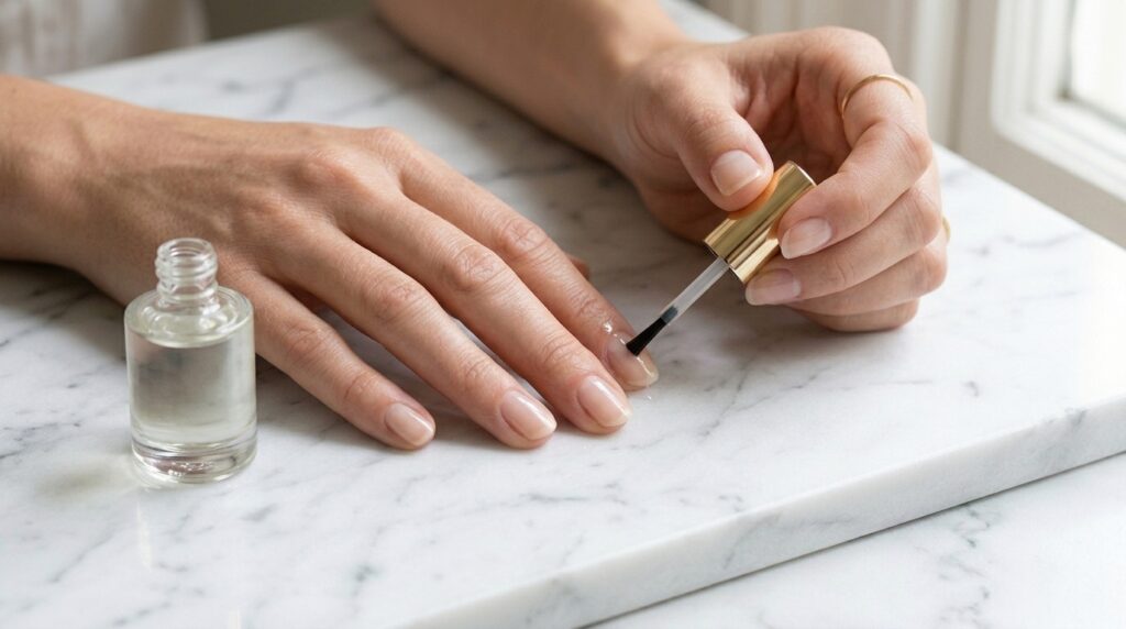 Mão feminina com unhas naturais fortes e brilhantes recebendo a aplicação de um sérum fortalecedor.