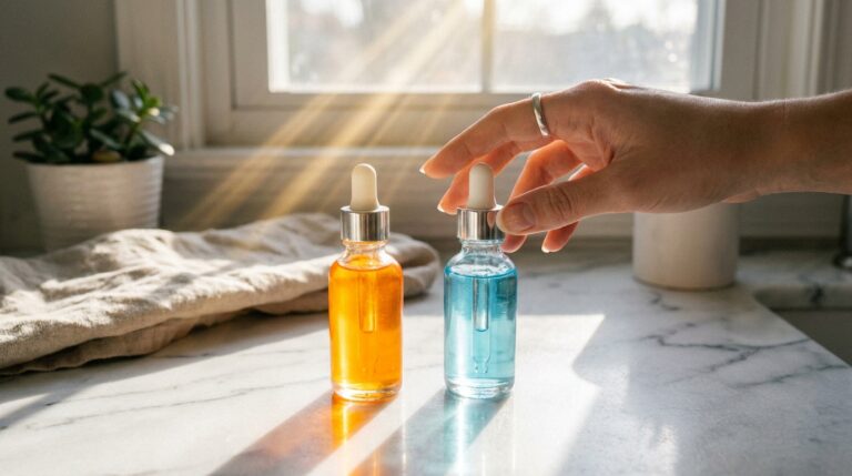 Comparação entre sérum de Vitamina C e Ácido Hialurônico na rotina de skincare para diferentes tipos de pele.
