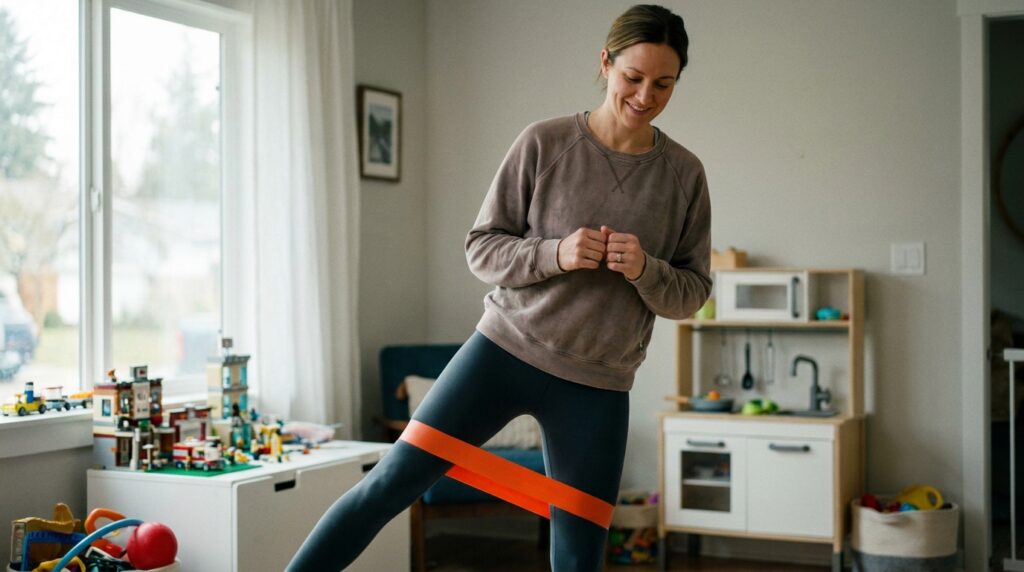 Mulher com rotina agitada realizando treino rápido de resistência muscular em casa com elásticos mini bands.