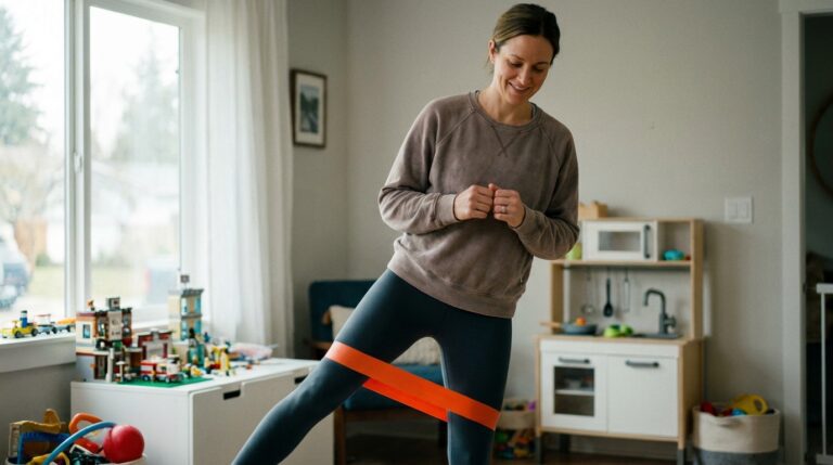 Mulher com rotina agitada realizando treino rápido de resistência muscular em casa com elásticos mini bands.