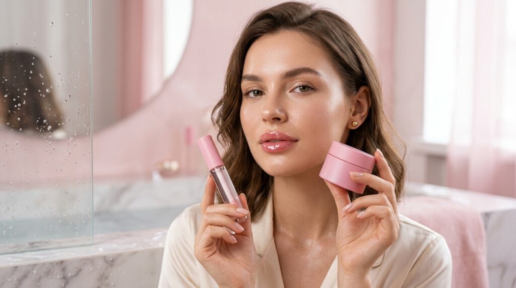 Mulher com as lábios carnudos, hidratados e brilhosos com Pote luxuoso de máscara noturna hidratante para lábios ao lado de um gloss volumizador sobre superfície espelhada.