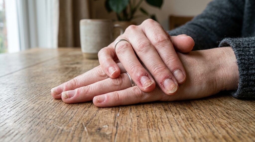 Mãos de mulher sobre a mesa mostrando unhas naturais muito curtas, finas e danificadas após a remoção de alongamento em gel.