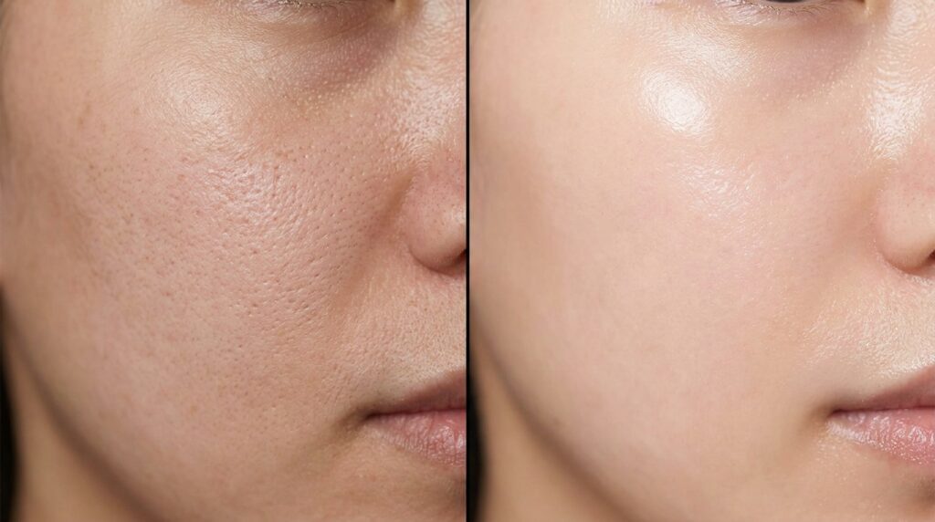 Comparação entre poros dilatados por acúmulo de oleosidade e uma pele limpa através do método de dupla limpeza facial.