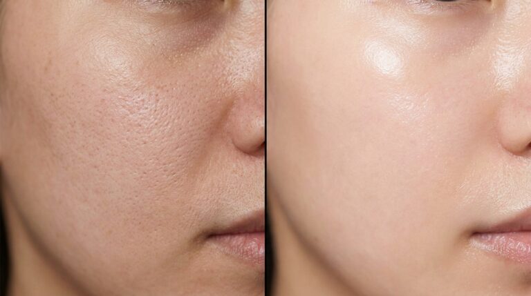 Comparação entre poros dilatados por acúmulo de oleosidade e uma pele limpa através do método de dupla limpeza facial.