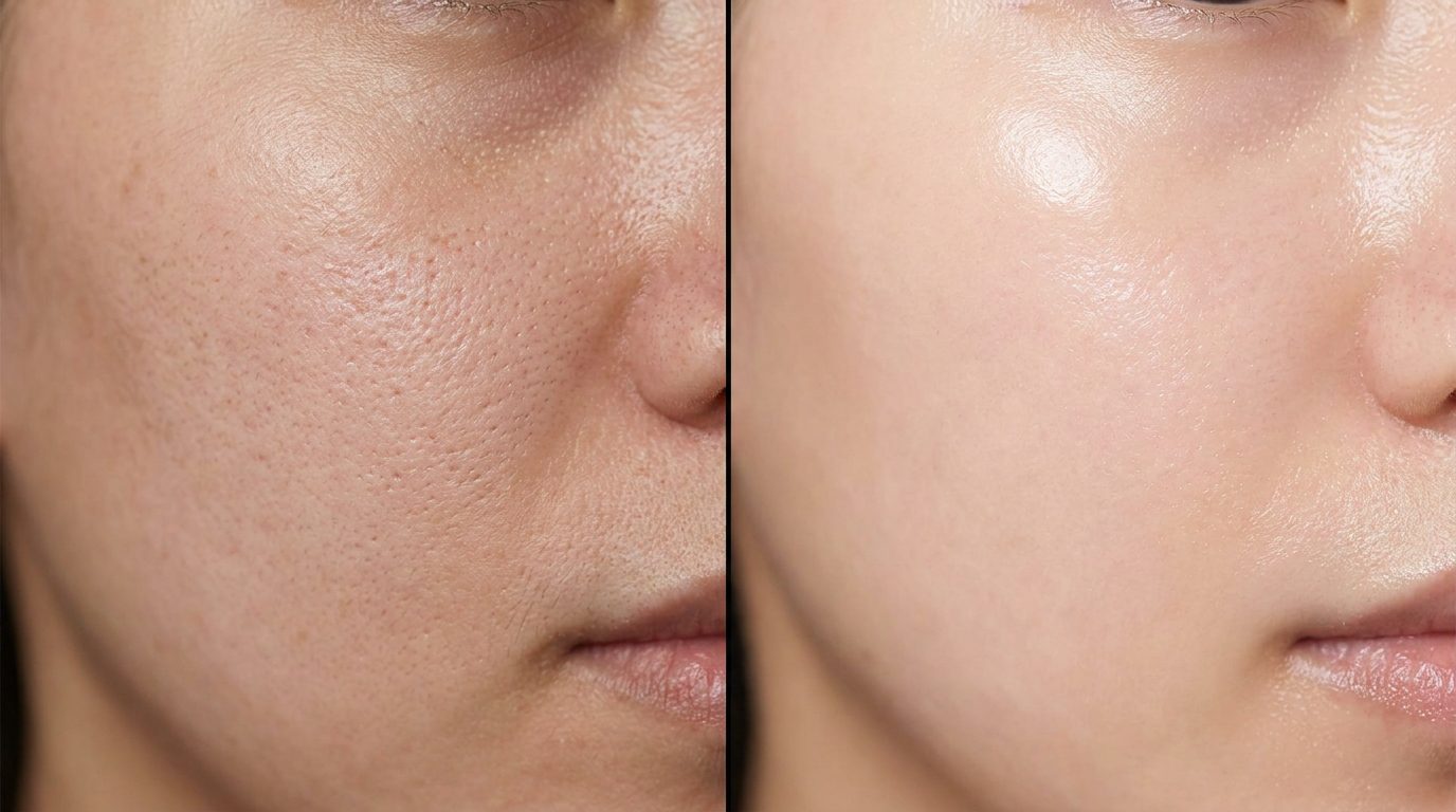 Comparação entre poros dilatados por acúmulo de oleosidade e uma pele limpa através do método de dupla limpeza facial.