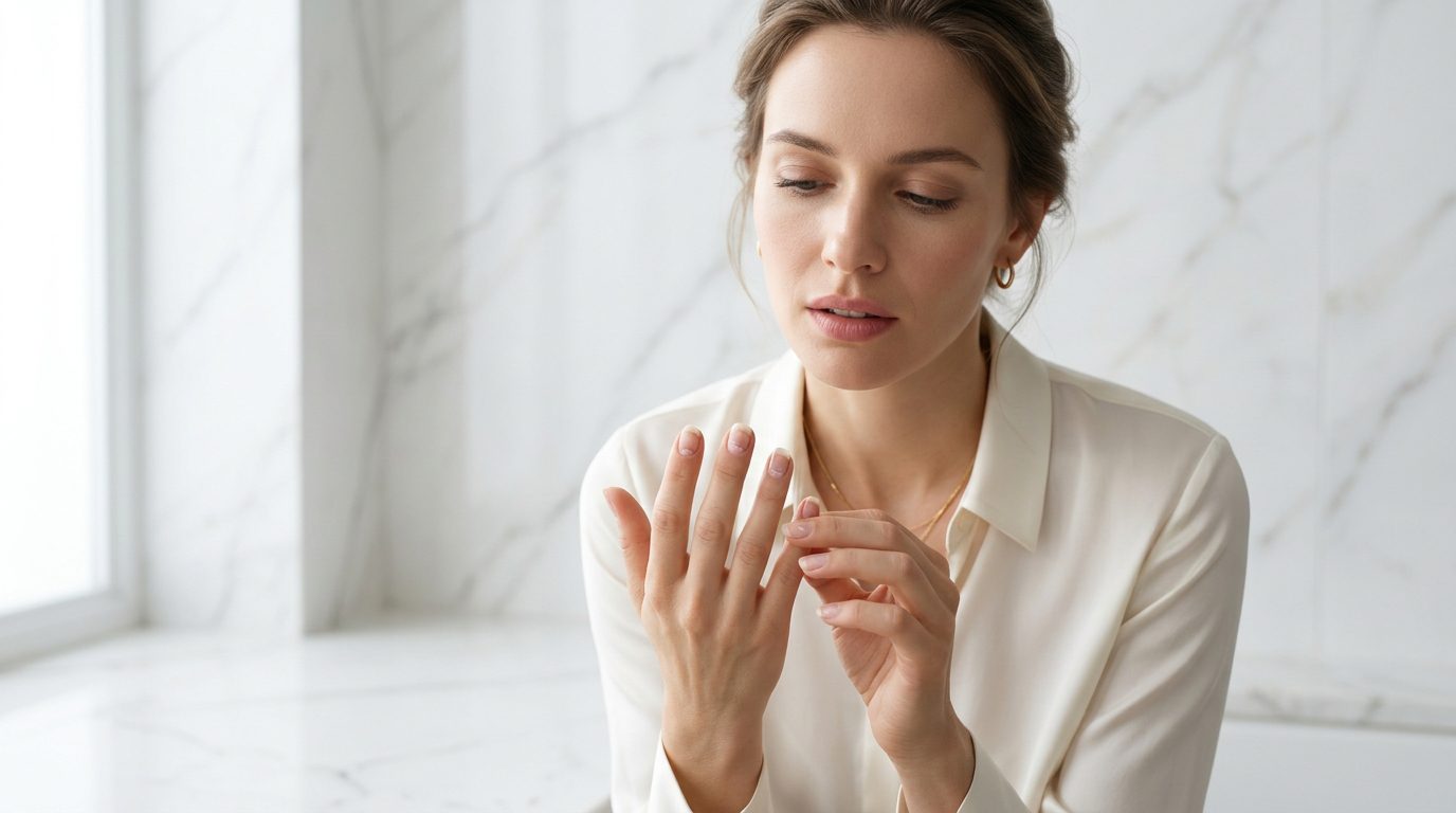 Mulher olhando chateada para as próprias unhas fracas e descamando em um ambiente clean de mármore.