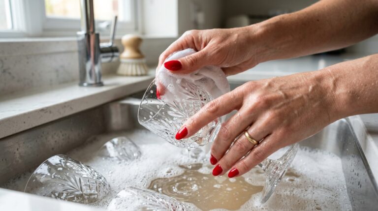 Mãos femininas com esmalte vermelho intacto e brilhante lavando taças em uma pia com espuma, demonstrando durabilidade.