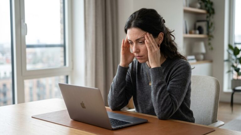 Mulher elegante no escritório com a mão na cabeça demonstrando cansaço mental e dificuldade para melhorar o foco e a concentração no trabalho.