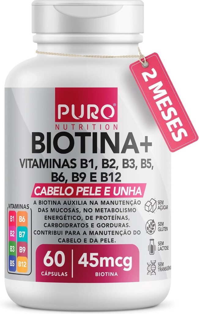 Biotina Puro Nutrition Pele, Cabelo e Unhas, 45 mcg de Biotina por dose, Vitaminas B1, B2, B3, B5, B6, B9 e B12, 60 Cápsulas
