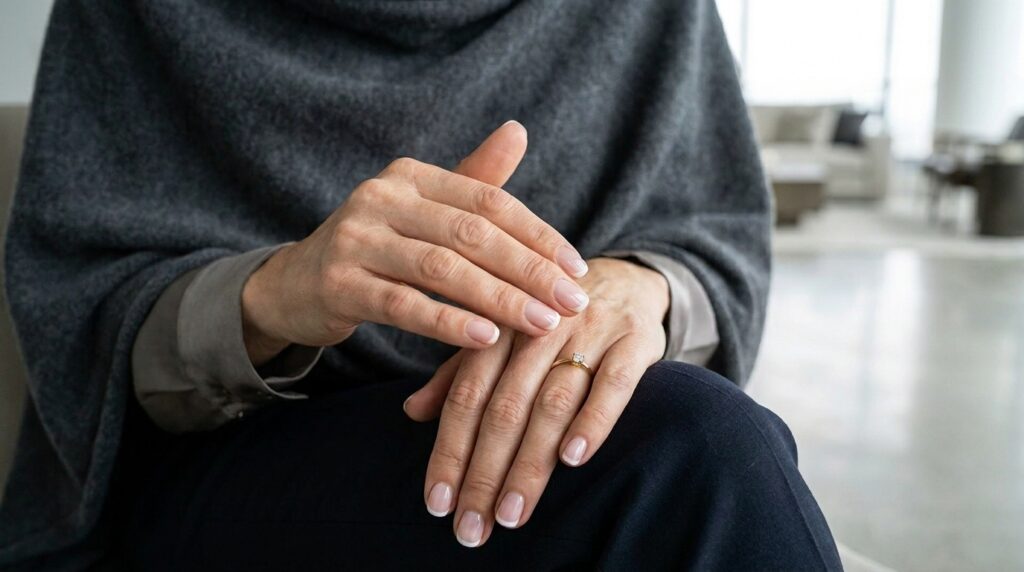 Mulher serena com roupas elegantes de cashmere, massageando óleo nas cutículas de suas unhas naturais, em um ambiente moderno e sofisticado, celebrando o autocuidado.