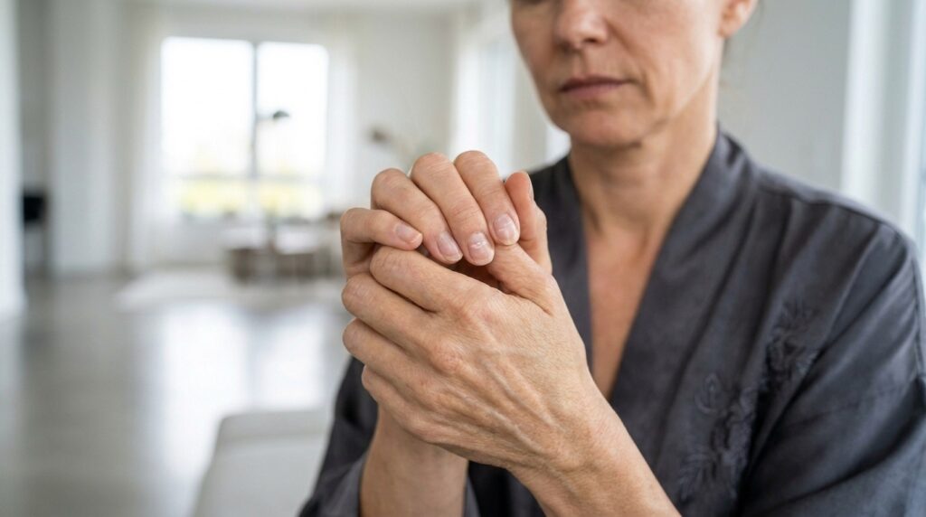 Close-up elegante nas mãos de uma mulher passando o dedo sobre a superfície ondulada e irregular de suas próprias unhas, com expressão pensativa, em um ambiente moderno.