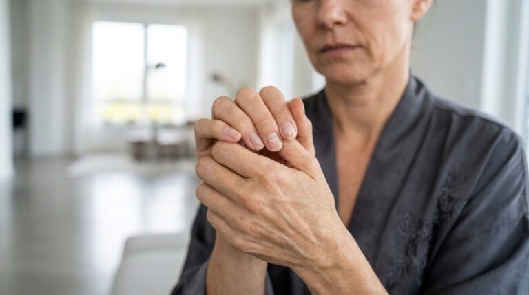 Close-up elegante nas mãos de uma mulher passando o dedo sobre a superfície ondulada e irregular de suas próprias unhas, com expressão pensativa, em um ambiente moderno.