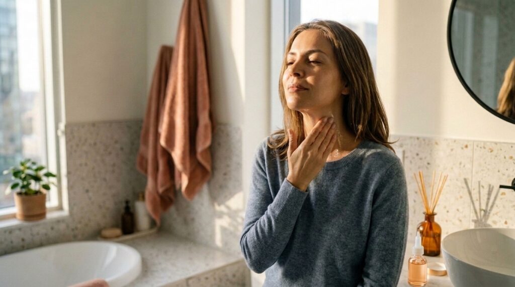 Mulher brasileira de cerca de 46 anos aplicando creme facial no pescoço em um banheiro moderno e iluminado, com expressão serena
