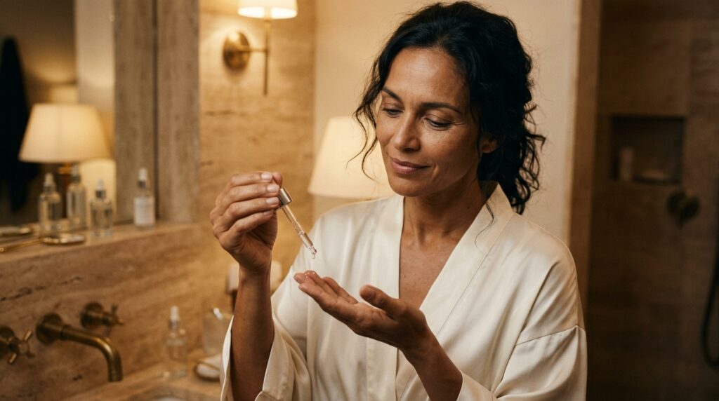 Mulher brasileira de 40 anos aplicando sérum de retinol com conta-gotas na ponta dos dedos, em banheiro iluminado à noite