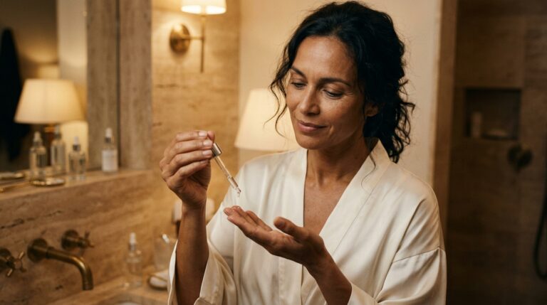 Mulher brasileira de 40 anos aplicando sérum de retinol com conta-gotas na ponta dos dedos, em banheiro iluminado à noite