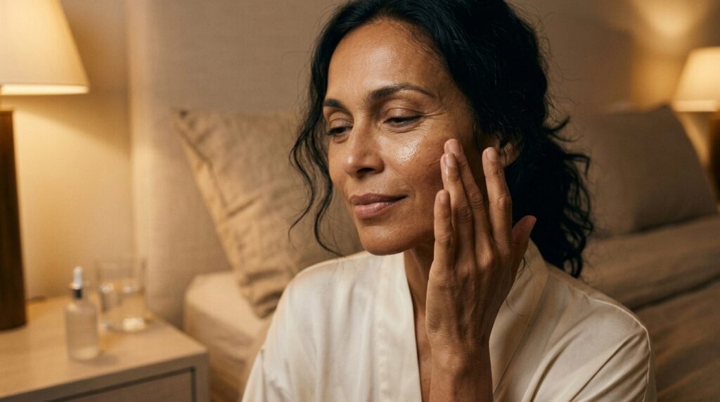 Mulher brasileira de pele morena pressionando sérum de retinol na bochecha com a ponta dos dedos, olhos fechados, antes de dormir