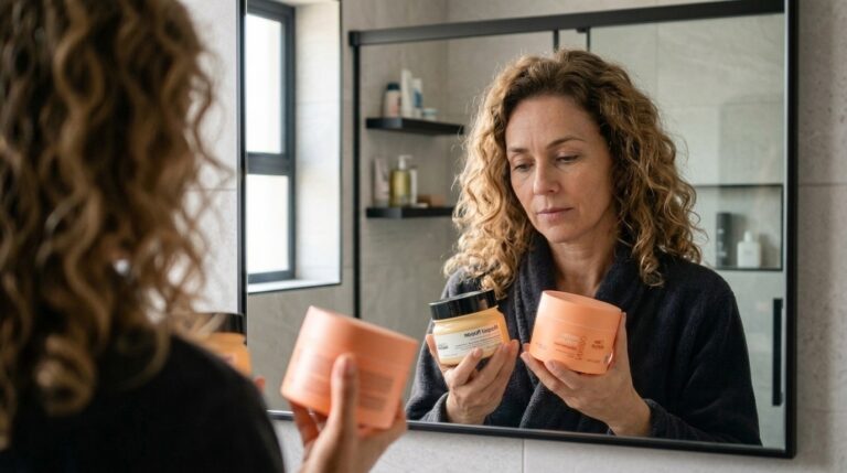 Mulher de cabelo cacheados e natural olhando com dúvida para as máscaras Wella Nutri-Enrich e L'Oréal Absolut Repair no banheiro.