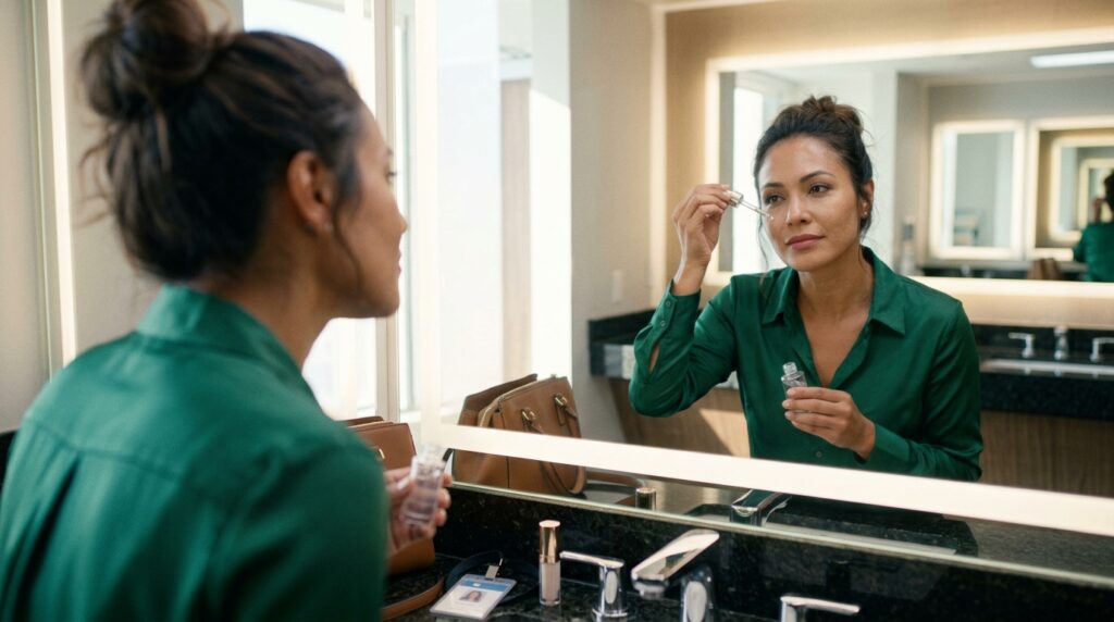 Mulher mestiça com blusa verde aplicando gota de blindagem líquida diretamente no rosto com maquiagem impecável.