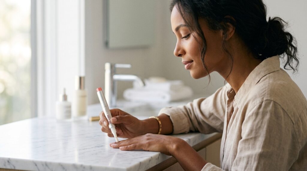 Mulher de pele morena com expressão serena, focada aplicando caneta sérum hidratante nas próprias cutículas e unhas saudáveis.