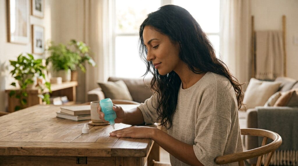 Mulher de pele morena aplicando gel removedor de cutículas com expressão relaxada e unhas saudáveis.