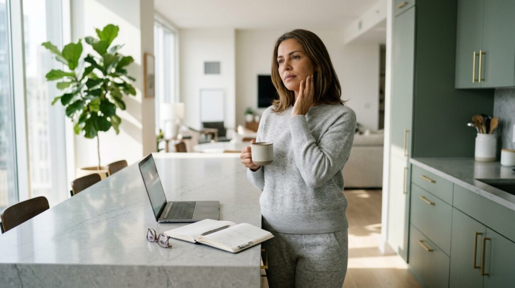 Mulher brasileira de cerca de 46 anos em cozinha moderna, segurando uma caneca de café e tocando o maxilar com expressão pensativa, sentindo a pele seca da menopausa