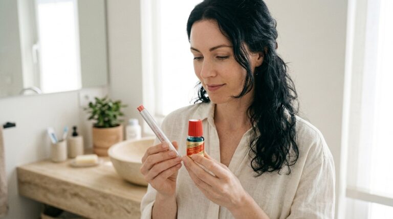 Alt Text: Mulher segurando frasco do Mavala e caneta ISDIN Si-Nails na mão.