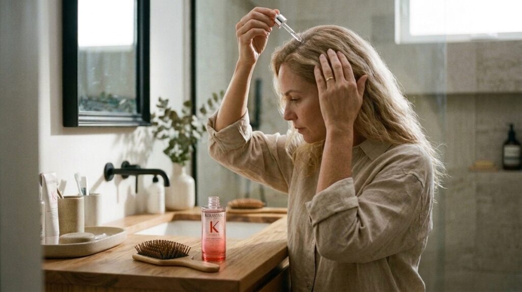 Mulher de pele clara aplicando o sérum Kérastase Genesis diretamente no couro cabeludo com conta-gotas, sentada diante de uma bancada de madeira natural.