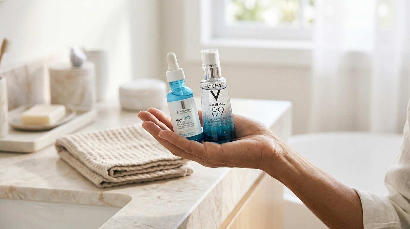 Mão de mulher madura segurando os frascos de Vichy Minéral 89 e La Roche-Posay Hyalu B5 para comparação sobre uma bancada de mármore.