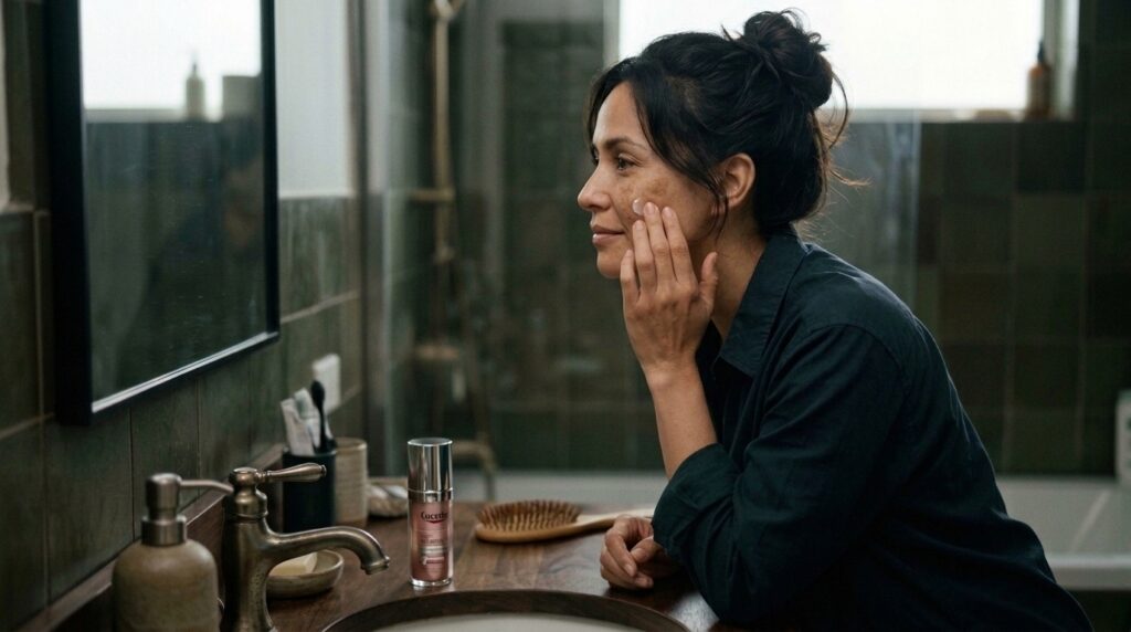 Mulher mestiça com expressão serena aplicando o sérum Eucerin Anti-Pigment no rosto, em um ambiente de luz natural e madeira.