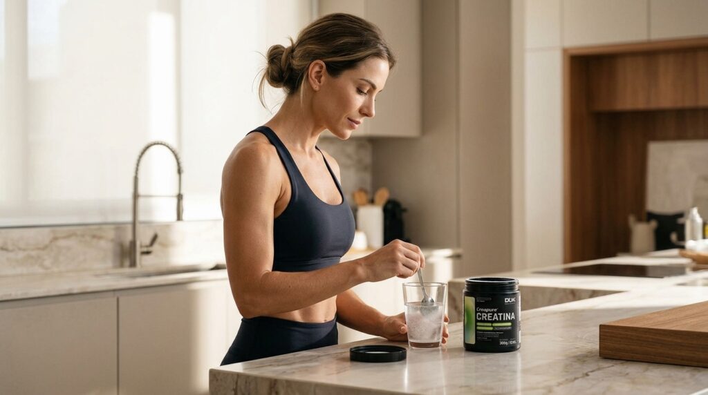 Mulher elegante e em forma preparando sua dose diária de creatina com água em uma cozinha moderna.